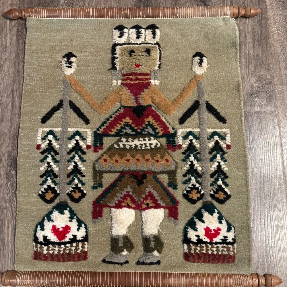 Vintage Native American Hand Woven Wool Wall Hanging Rug Tribal Man Navajo Yei?